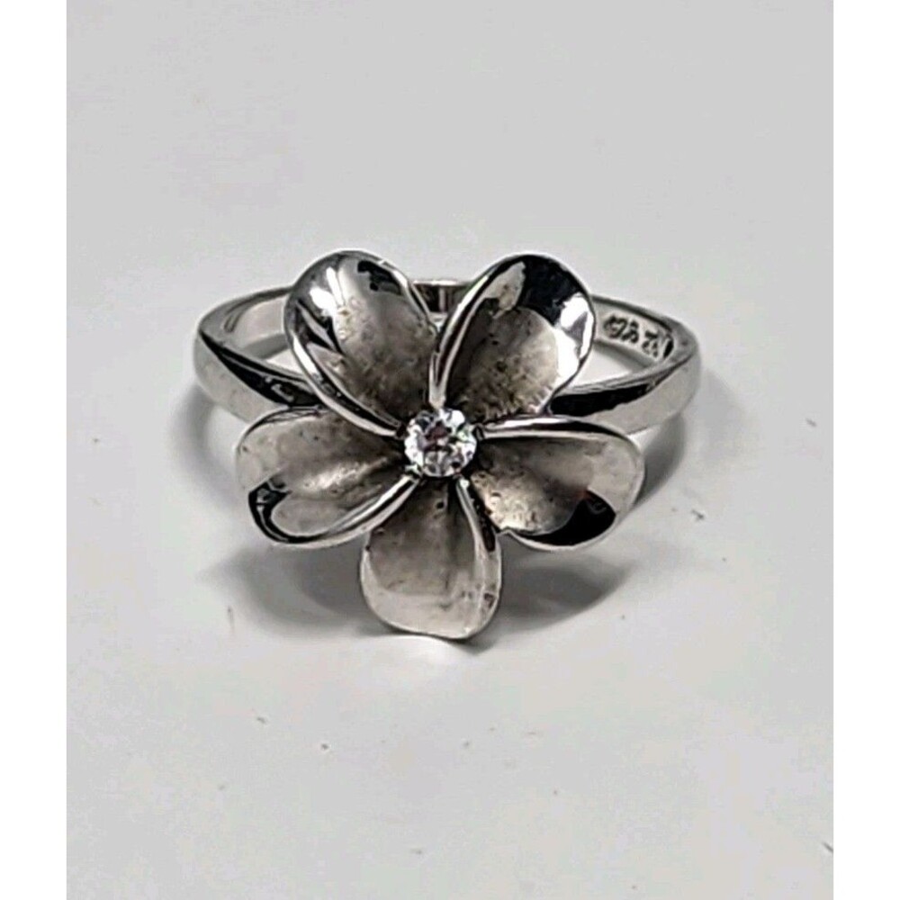 Rhodium Plated Sterling Silver Hawaiian Plumeria Flower Ring Cubic Zirconia Sz 8